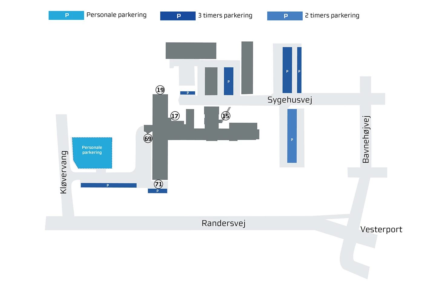 Oversigtskort over Grenaa Sundhedshus og parkering